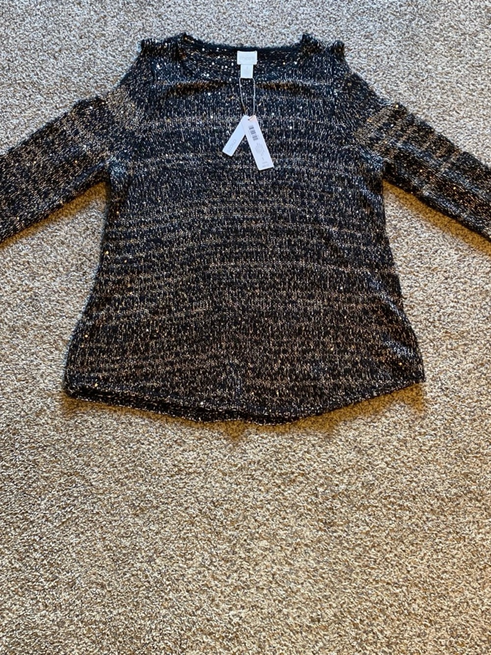 Chico's NWT Women’s Black Sequin Shine Shelley Pullover Cold Shoulder Sweater M